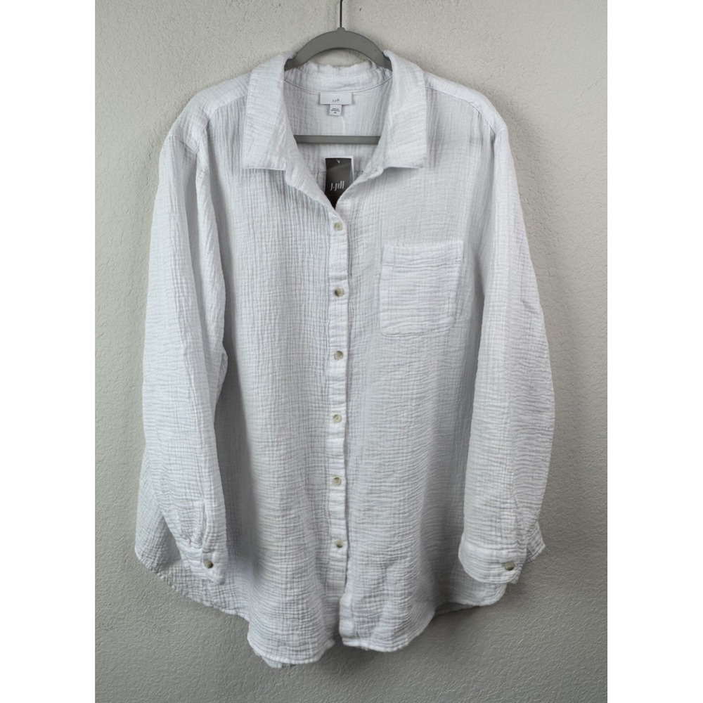 J Jill Women's 4X Gauze Button Front Shirt Top Long Sleeve White Lagenlook NWT‎